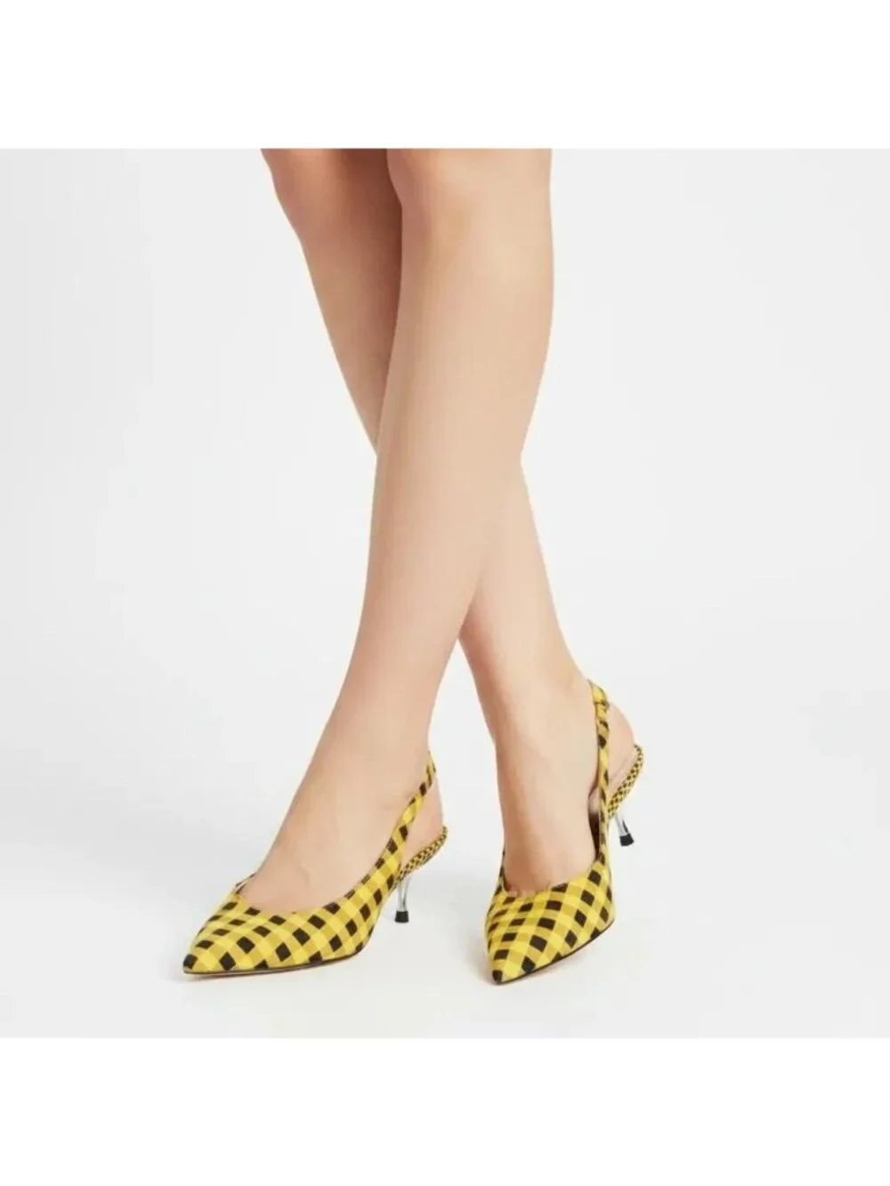 ZARA Women's Yellow/Black Gingham Slingback Pointed Toe Sandals Size 39 - Picture 2 of 11